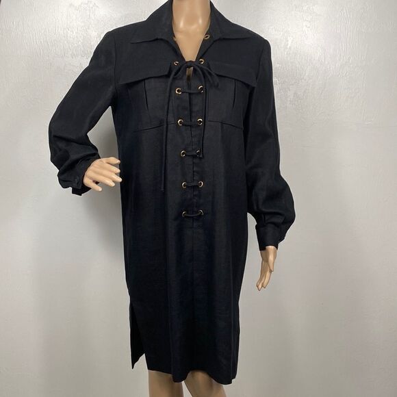 Cheetah B Sherrie Bloom Black Linen Long Sleeves Collared Dress - Picture 1 of 11